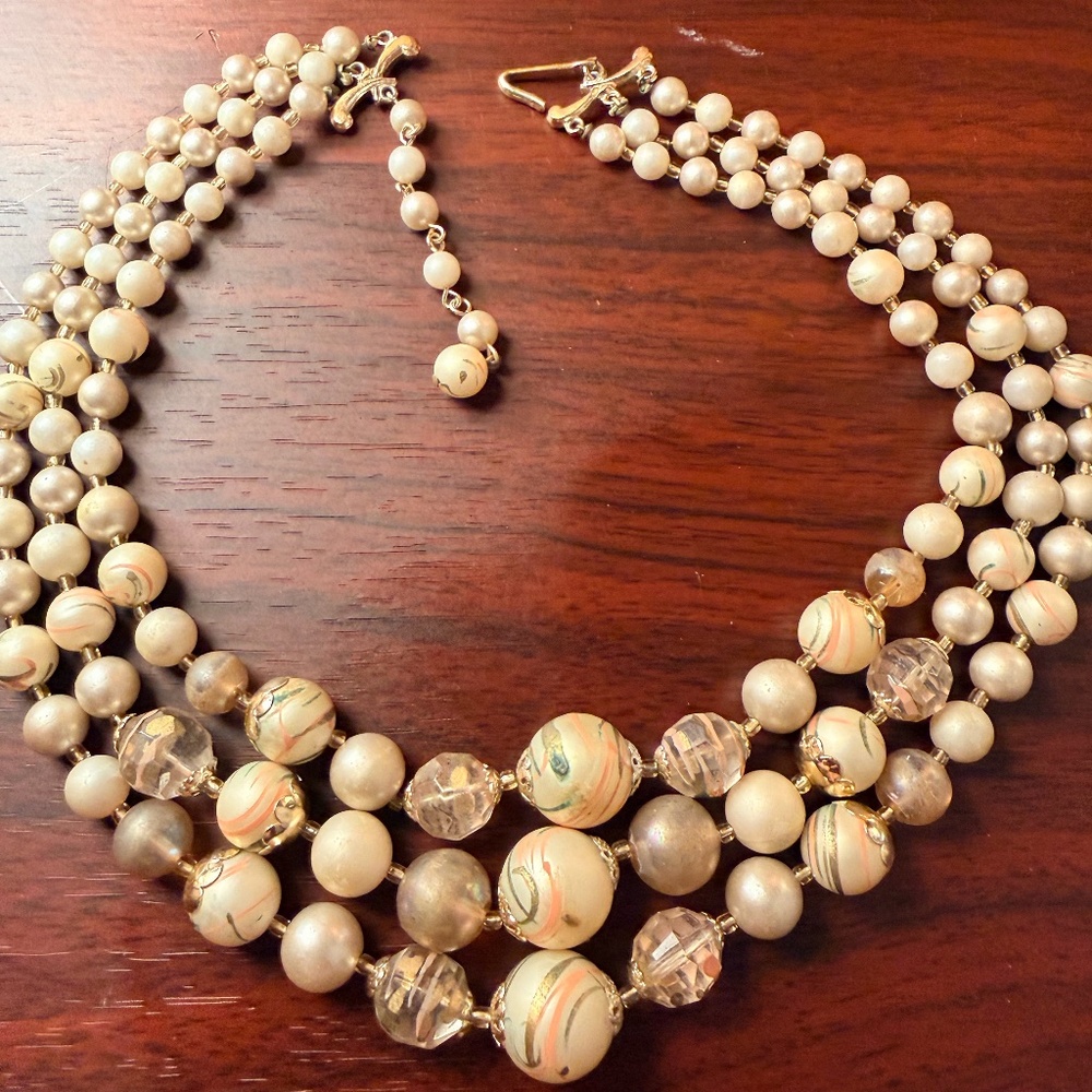 Vintage Multi-Strand Beaded Necklace Marbled Glass Pearl Gold Tone Retro Stateme